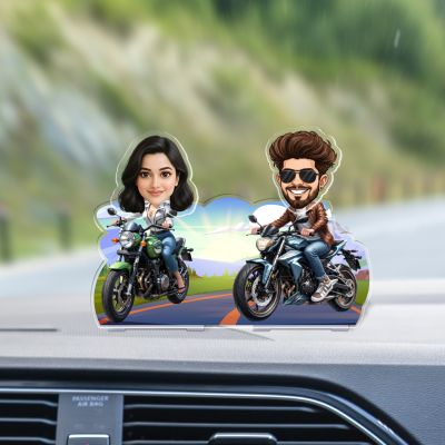 Personalized Biker Couple Caricature Standee with Battery Powered Moving Head Custom Cartoon Photo Cutout for Motorcycle Lovers Tabletop Decor